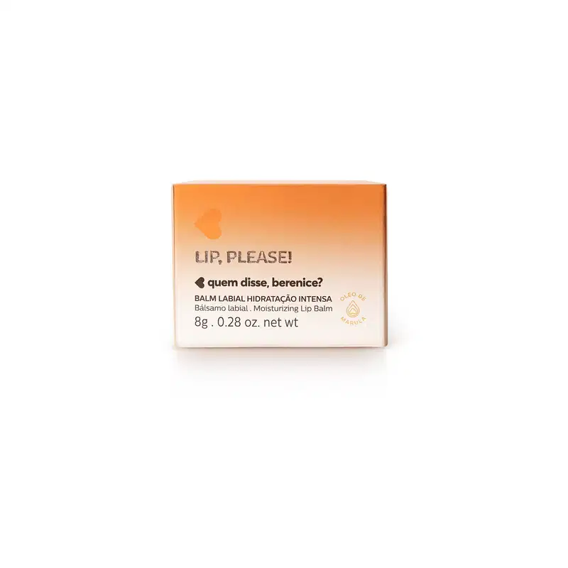 Caixa laranja e branca com letras pretas contendo um pote de balm labial de hidratação intensa Lip, Please! Quem Disse, Berenice?.