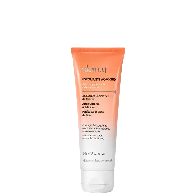 Bisnaga laranja e branca com letras pretas contendo 50g de esfoliante facial Skin.q Ação 360° da marca Quem Disse, Berenice?.