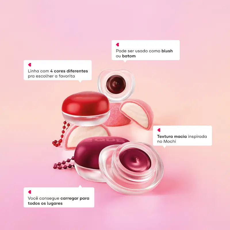 Linha com 4 cores diferentes para escolher a favorita. Pode ser usado como blush ou batom. Textura macia inspirada no Mochi. Você consegue carregar para todos os lugares.