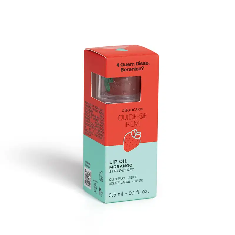 Imagem do frasco de óleo labial de morango da marca Quem Disse, Berenice?, em embalagem em tons de vermelho e branco com texto preto, contendo 3,5 ml de lip oil.