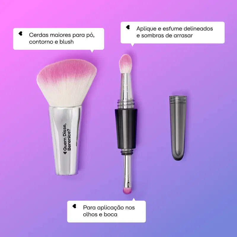 Texto na imagem: Cerdas maiores para pó, contorno e blush. Aplique e esfume delineados e sombras de arrasar. Para aplicação nos olhos e boca.