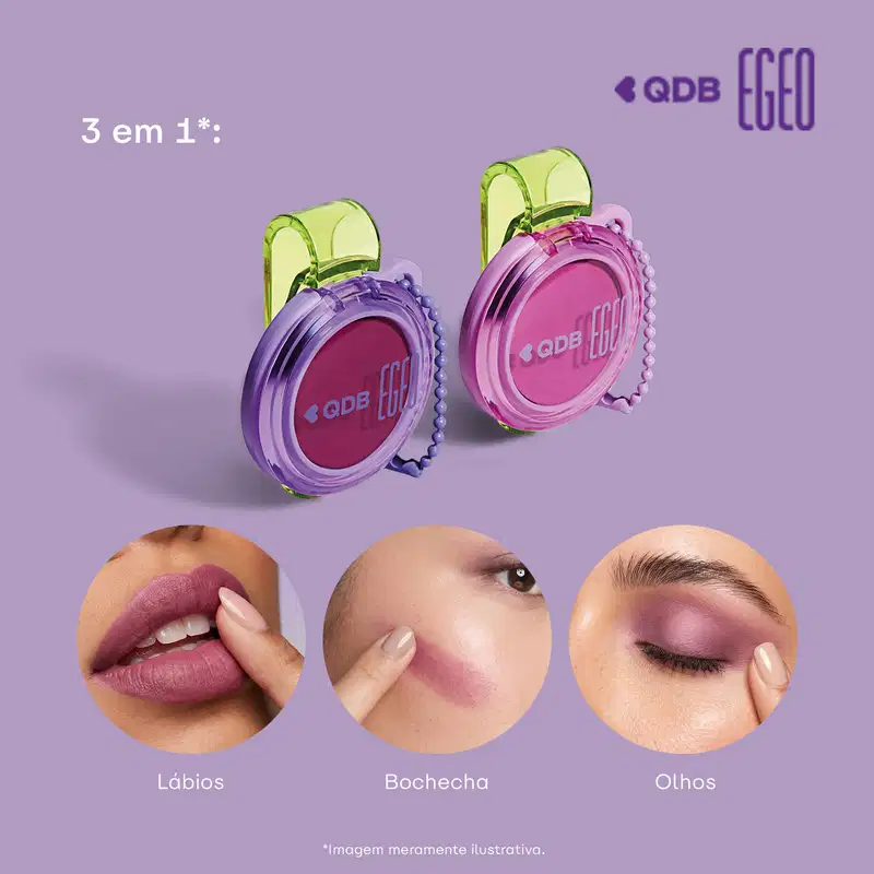 Dois itens de da marca Quem Disse, Berenice? em tons de rosa e roxo com detalhes verdes, sobre fundo roxo claro, com imagens de lábios, bochecha e olhos próximas.