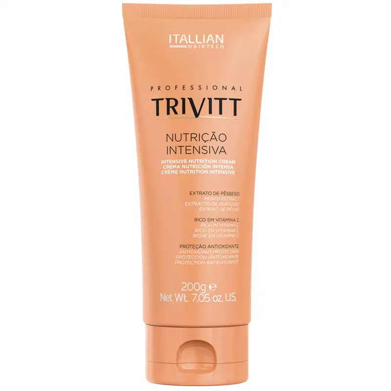 Produto de nutrição intensiva para cabelos Italian Hairtech. Embalagem em tubo plástico na cor laranja. Peso líquido de 200g ou 7,05 onças.