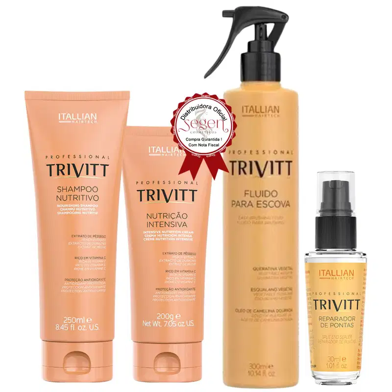 A imagem mostra uma linha de produtos para cabelos da marca Itallian Hairtech. Há um shampoo nutritivo de 250ml, uma máscara de nutrição intensiva de 200g, um fluido para escova em frasco bomba amarelo de 300ml e um reparador de pontas de 30ml.