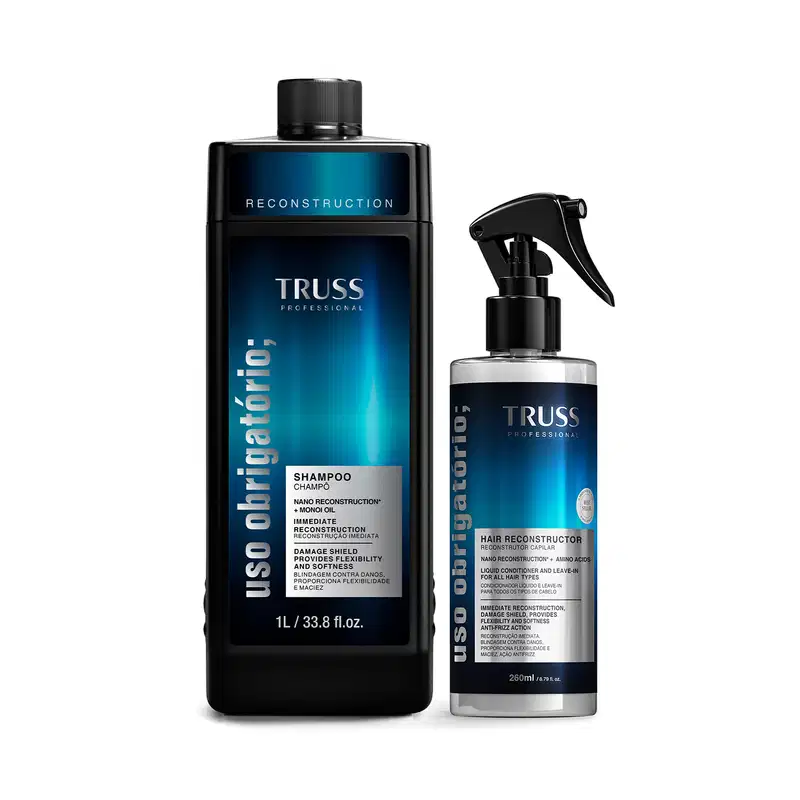 Combo TRUSS antiquebra: Shampoo Uso Obrigatório Reconstruction 1l + Spray Uso Obrigatório; 260ml