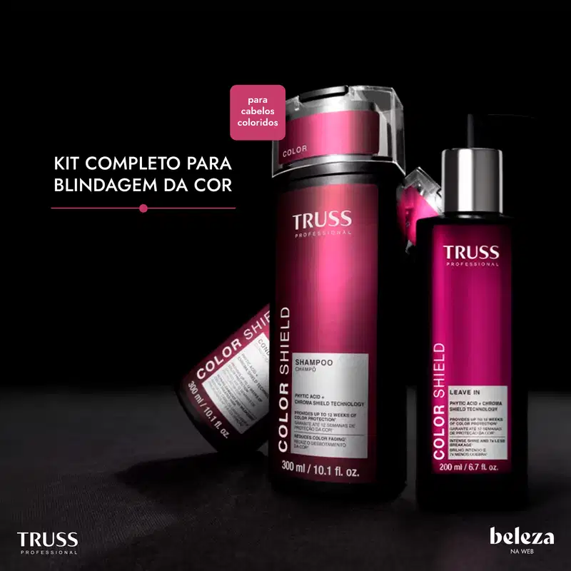 Kit completo da marca Truss para blindagem da cor dos cabelos, contendo shampoo, leave-in e produto para cabelos coloridos, com embalagens em tons de rosa e preta.