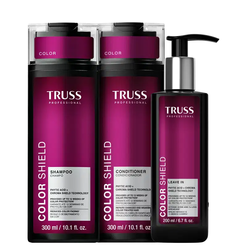 Embalagens de shampoo, condicionador e leave-in da marca TRUSS Professional, com textos "Color Shield" e "Phytic Acid + Chroma Shield Technology" indicando proteção da cor e brilho.