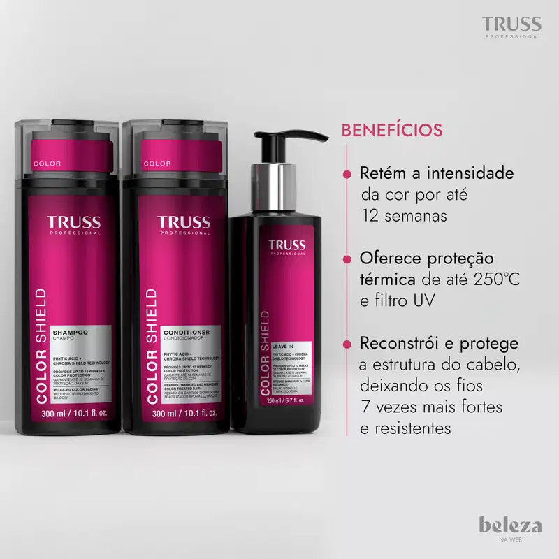 Embalagens de shampoo e condicionador da marca TRUSS Professional, com cores rosa e preta, e frasco de leave-in da mesma marca, com proteção térmica de até 250°C e filtro UV, reconstruindo e protegendo a estrutura do cabelo.