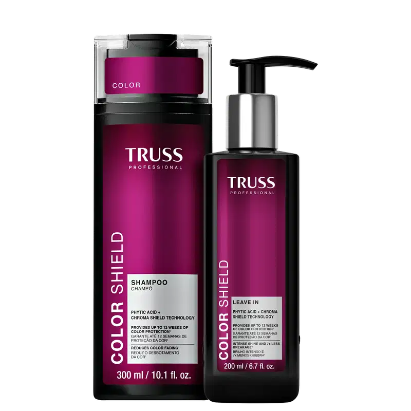 Embalagem e frasco de item da marca TRUSS, com textos "TRUSS PROFESSIONAL", "COLOR SHIELD", "SHAMPOO" e "LEAVE IN" em fundo rosa escuro.