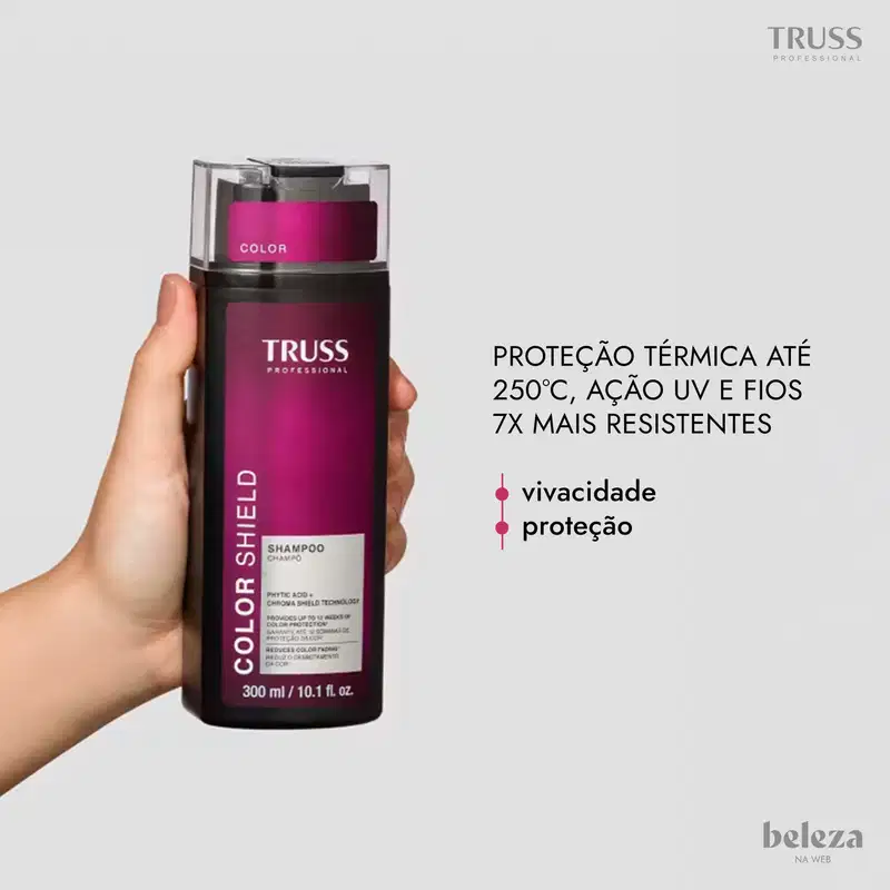 Embalagem de shampoo da marca TRUSS Professional com proteção térmica até 250°C, ação UV e fios 7x mais resistentes, promovendo vivacidade e proteção.