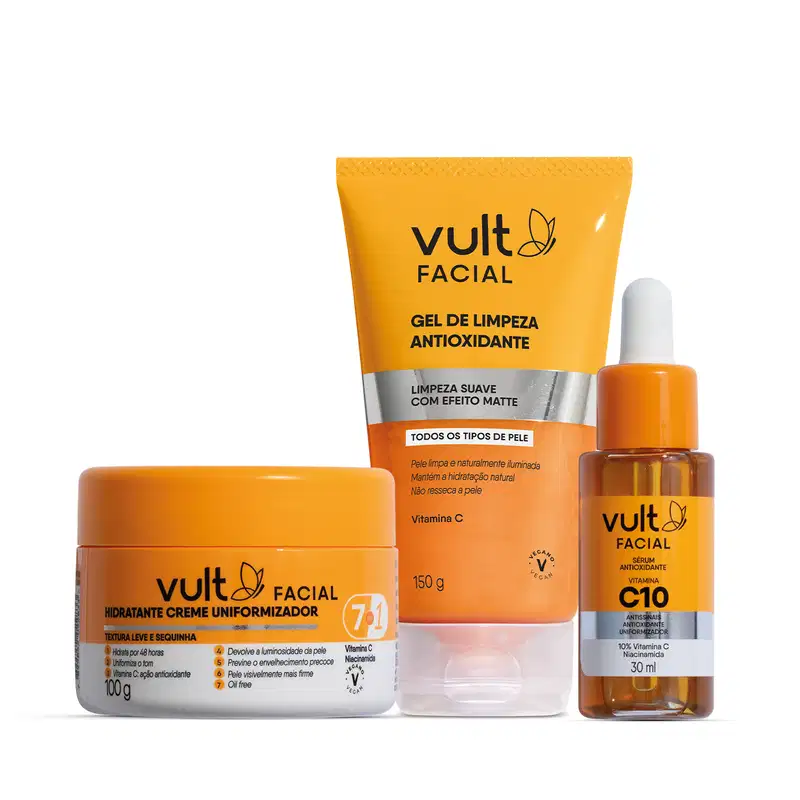 A imagem mostra três produtos de cuidados faciais da marca Vult. O primeiro é um gel de limpeza antioxidante de 150g. O segundo é um creme hidratante de 100g. O terceiro é um sérum antioxidante de 30ml.