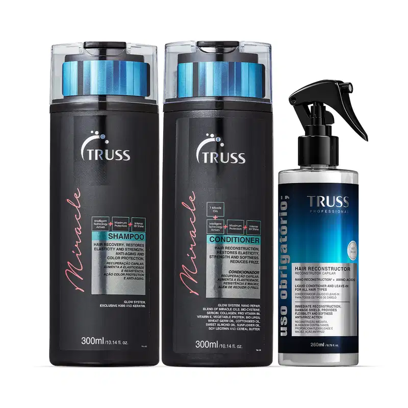 Combo Miracle Obrigatório: Shampoo Miracle 300ml + Condicionador Miracle 300ml + Spray Uso Obrigatório; 260ml