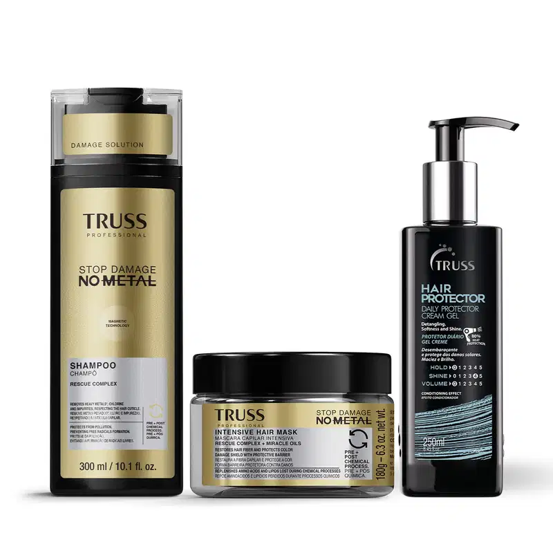 Combo TRUSS No Metal Proteção: Shampoo Stop Damage 300ml + Máscara Capilar Stop Damage 180g + Leave-in 250ml