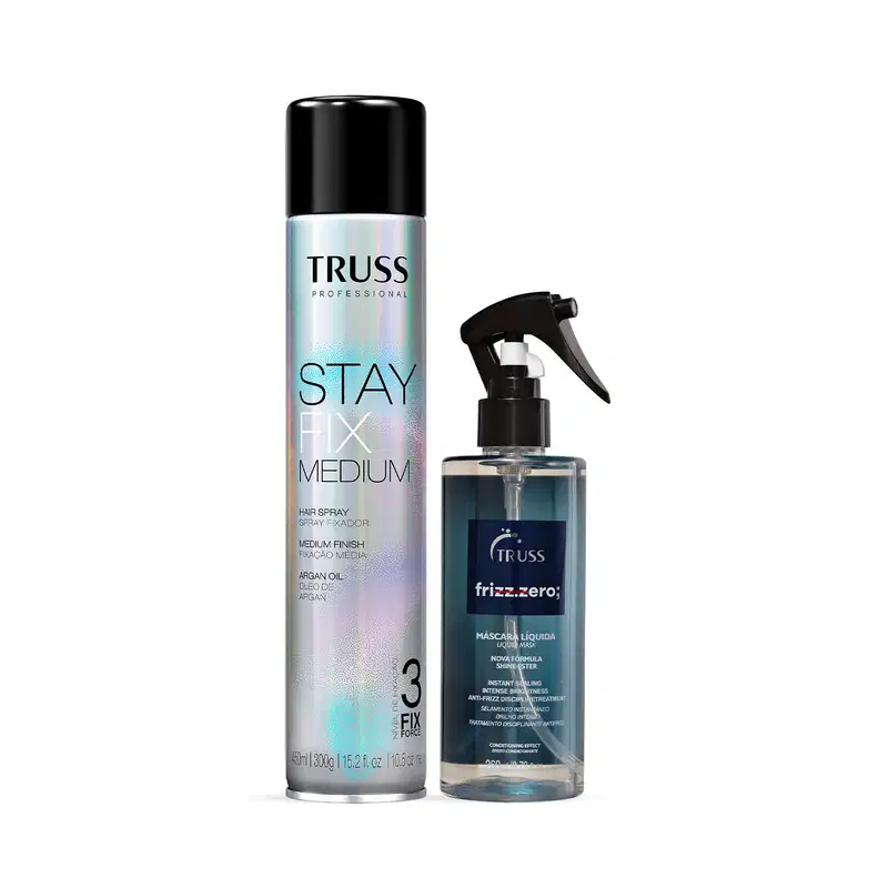Produtos de cuidados capilares da marca Truss, incluindo um spray fixador de cabelo e um tratamento anti-frizz, em embalagens pretas e azuis, em um ambiente limpo e minimalista.
