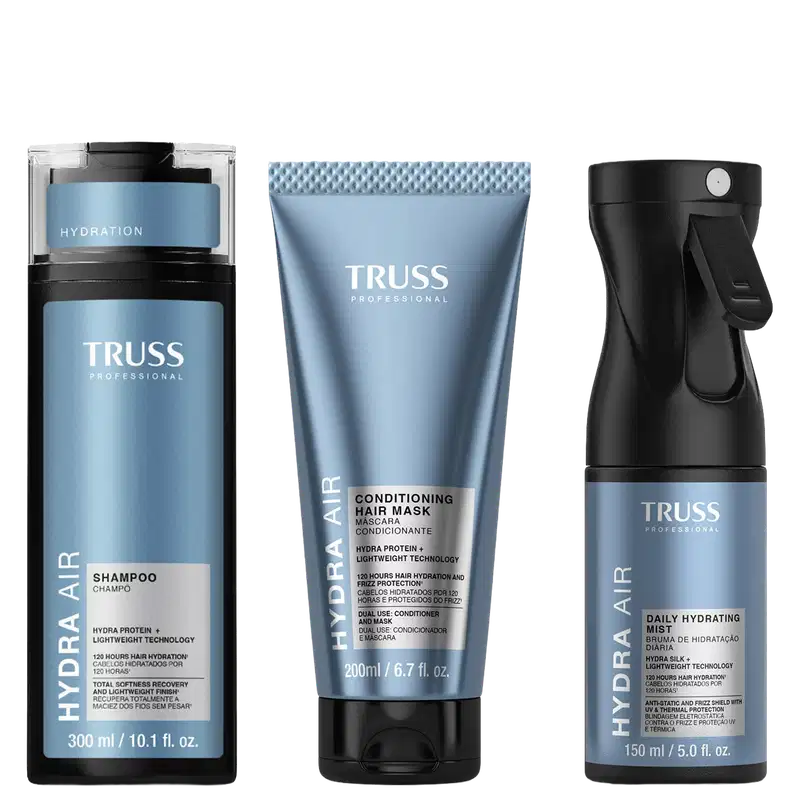 Três produtos da marca TRUSS Professional: shampoo, máscara condicionadora e spray hidratante, em embalagens pretas e azuis com detalhes em branco, exibindo o nome da marca e informações sobre os benefícios dos produtos.