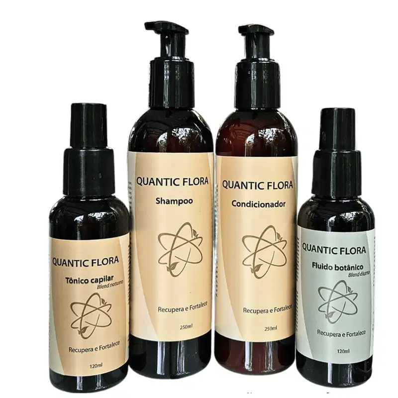 Kit com shampoo, condicionador, fluido capilar e tônico capilar da marca Quantic Flora.