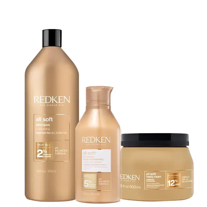 Kit Redken All Soft Shampoo 1L + Condicionador 300ml + Máscara 500ml (3 produtos)