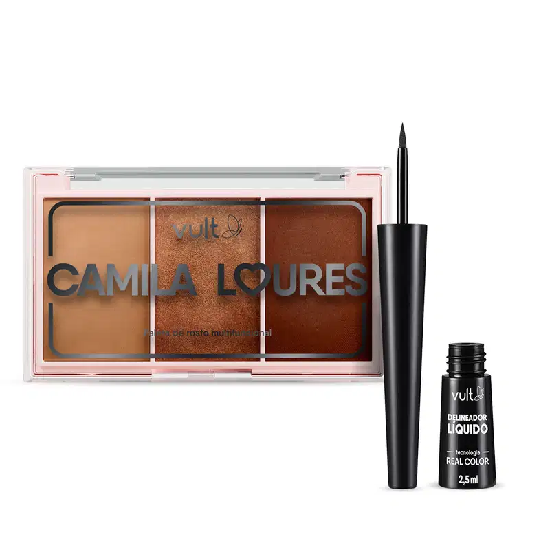 Combo Vult Make: Paleta de Rosto Multifuncional Camila Loures 15,5g + Delineador Líquido Preto 2,5ml