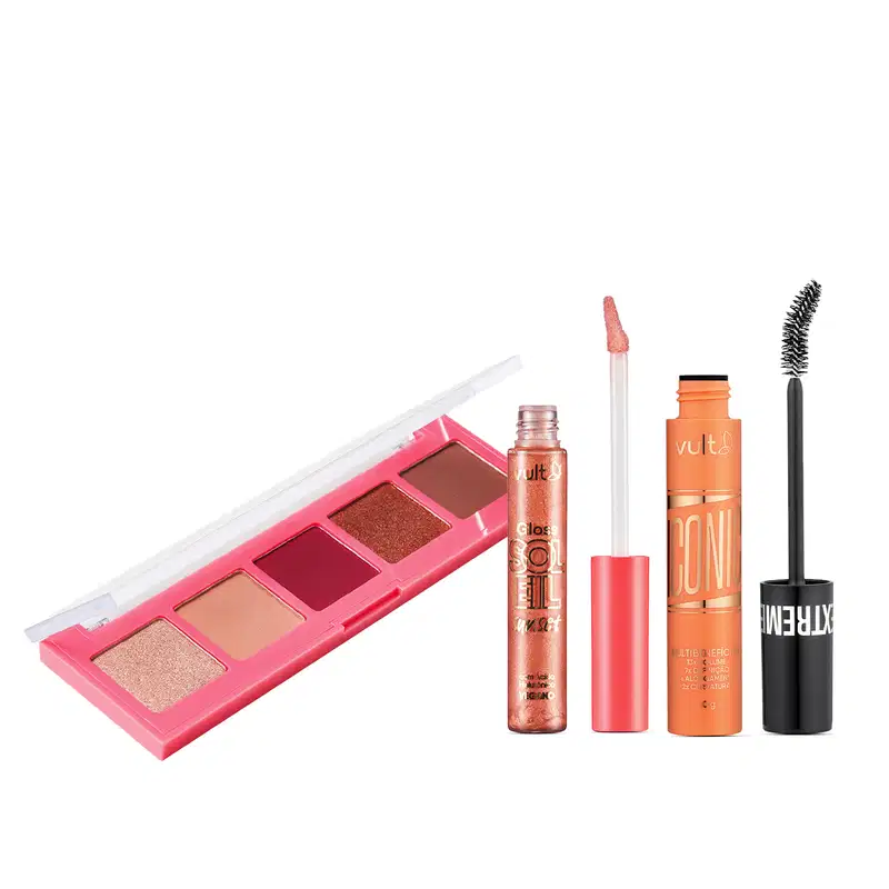Combo Vult Make: Paleta de Sombras Soleil Sunset 3g + Gloss Labial Praiana Soleil Sunset 5,2ml + Máscara de Cílios Extreme Iconic 10g