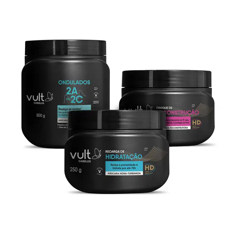 Combo Cronograma Capilar Ondas: Máscara Hidra-Turbinada 500g + Máscara Reconstrutora 250g + Máscara Hidra-Reparadora 250g