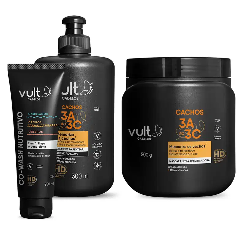 Combo Low Poo Cachos: Co-Wash 250ml + Creme para Pentear 300ml + Máscara Ultra-Umidificadora 500g