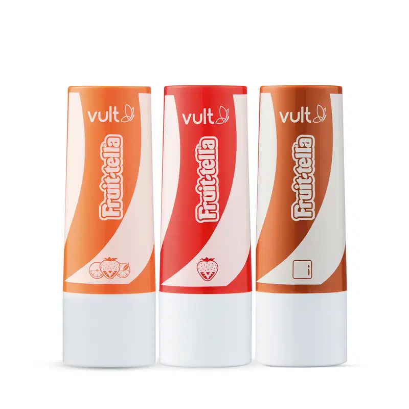 Combo Balm Labial Vult&Fruit-Tella®: Rosa Perolado Fruit Mix 3,5g + Marrom Caramelo 3,5g + Vermelho Morango 3,5g