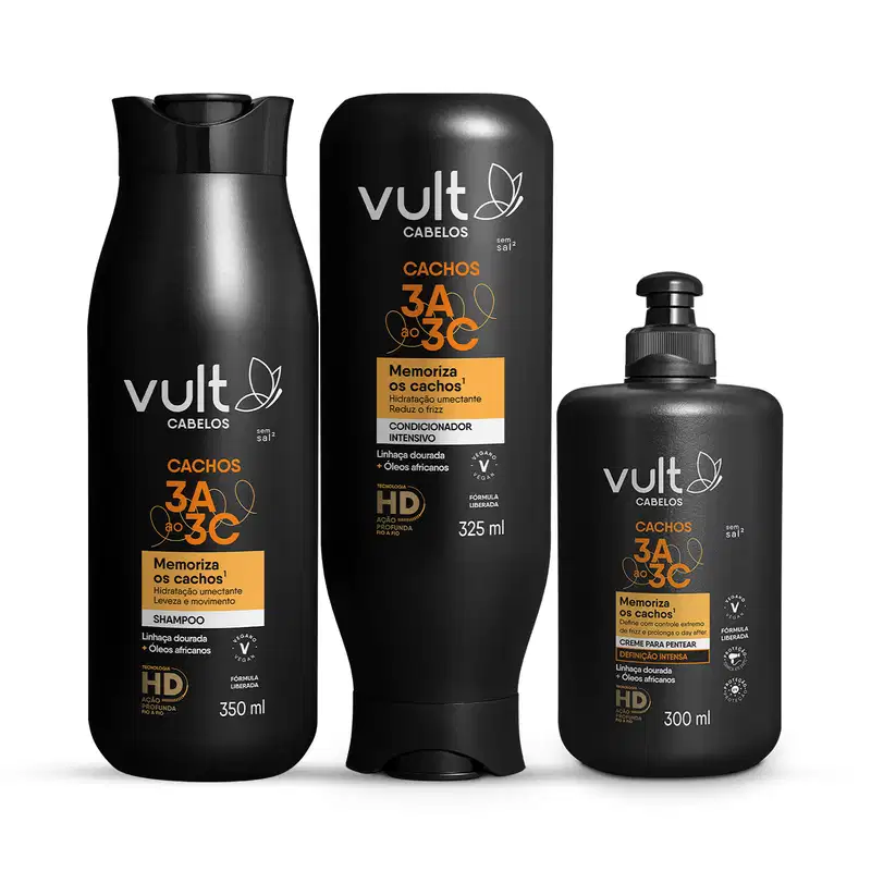Combo Cabelos Cacheados 3A a 3C: Shampoo 350ml + Condicionador 325ml + Creme para Pentear 300ml