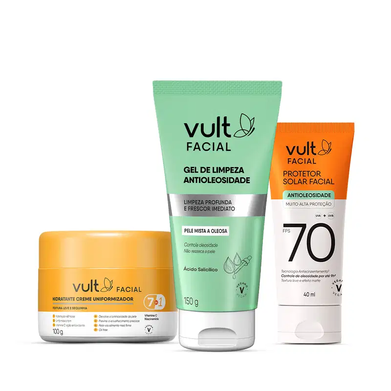 Combo Rotina Completa (Limpeza, Hidratação e Proteção): Gel de Limpeza 150g + Hidratante Facial 100g + Protetor Solar FPS 70 40ml