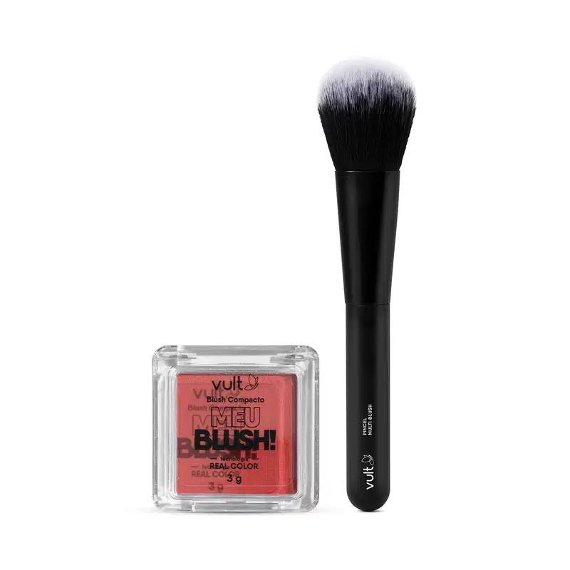 Combo Vult Make: Blush Compacto Rosa Perolado 3g + Pincel Multi Blush Vult