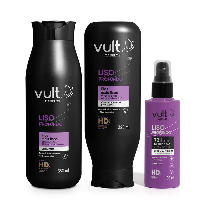Combo Vult Cabelos Liso Profundo: Shampoo 350ml + Condicionador 325ml + Spray Blindagem 100ml