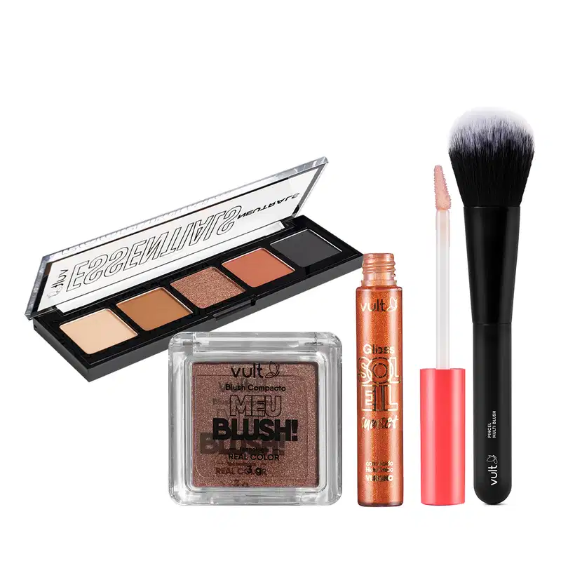 Combo Vult: Paleta Sombras Essentials Neutrals 3g + Pincel Multi Blush + Gloss Bronzeada Soleil 5,2ml + Blush Golden Perolado 3g