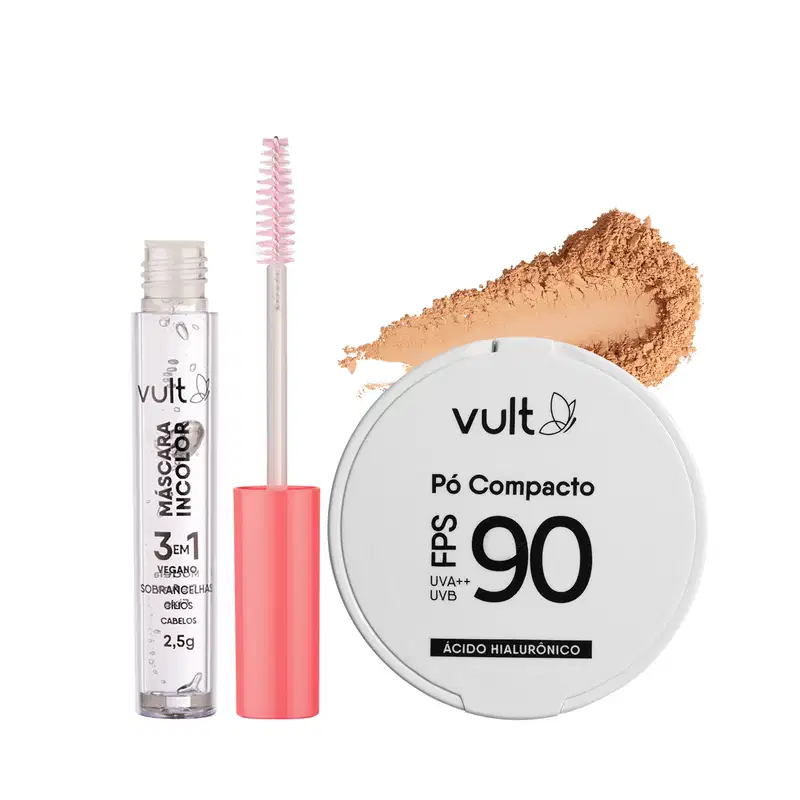 Combo Vult Finalização da Make: Pó Compacto Facial Médio Claro FPS 90 6g + Máscara Incolor 3 em 1 2,5g