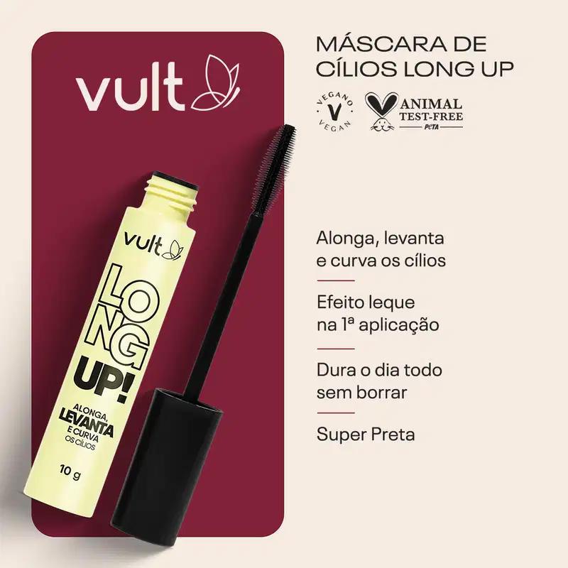 Card com as seguintes informações: Máscara de cílios long up! Alonga, levanta e curva os cílios. Efeito leque na 1ª aplicação. Dura o dia todo sem borrar. Super preta.