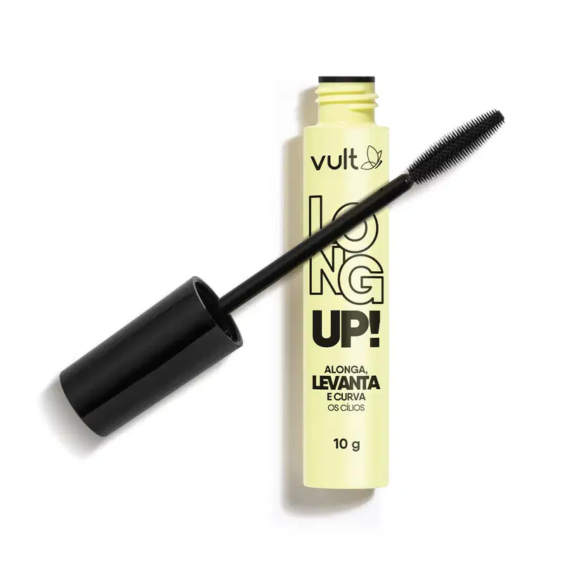 Frasco cilíndrico amarelo de Máscara de cílios com rótulo Long Up! em preto. Tampa preta com escova de rímel.