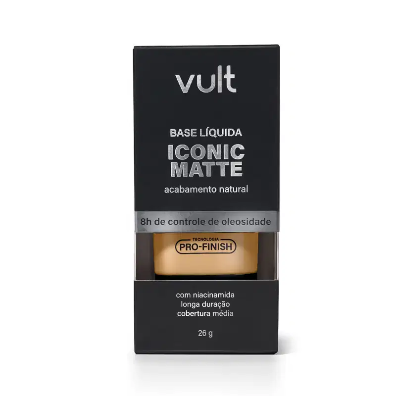 Caixa preta da marca Vult contendo base líquida Iconic Matte com acabamento natural, com tecnologia Pro-Finish e niacinamida, oferecendo cobertura média e longa duração.