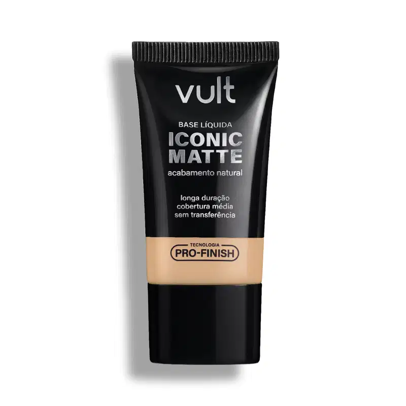 Base líquida Iconic Matte da Vult, em embalagem preta com detalhes em branco, apresentando informações sobre o acabamento natural e longa duração do produto.