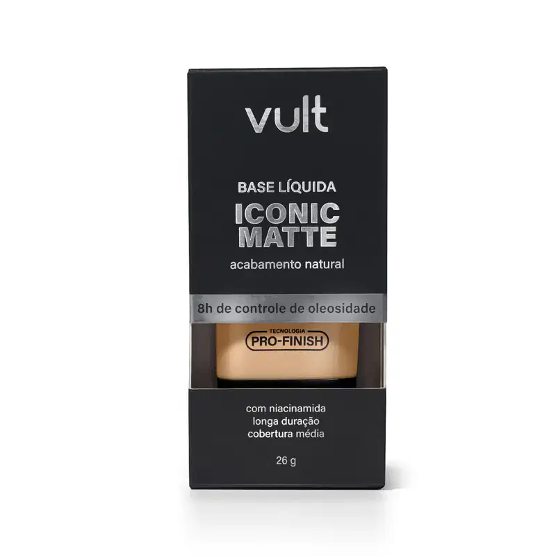Caixa preta da marca Vult contendo base líquida Iconic Matte com acabamento natural, com informações sobre o produto e sua tecnologia Pro-Finish.