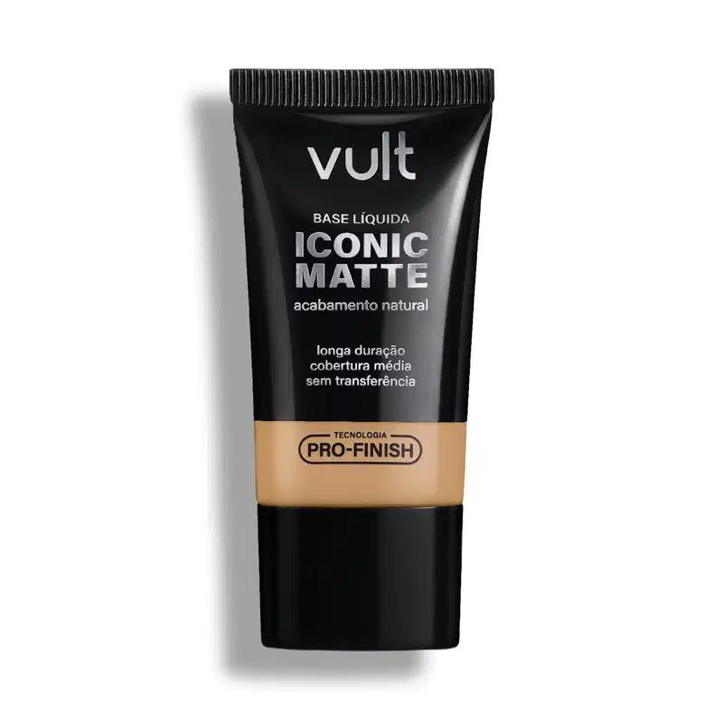 Tubo preto de base líquida Iconic Matte da marca Vult, com acabamento natural e tecnologia Pro-Finish, promovendo longa duração e cobertura média sem transferência.