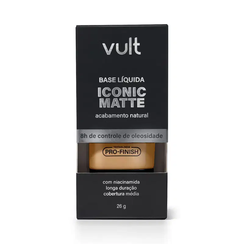 Caixa preta da marca Vult contendo base líquida Iconic Matte, com acabamento natural e controle de oleosidade por 8 horas. Apresenta tecnologia Pro-Finish e contém niacinamida em sua fórmula.