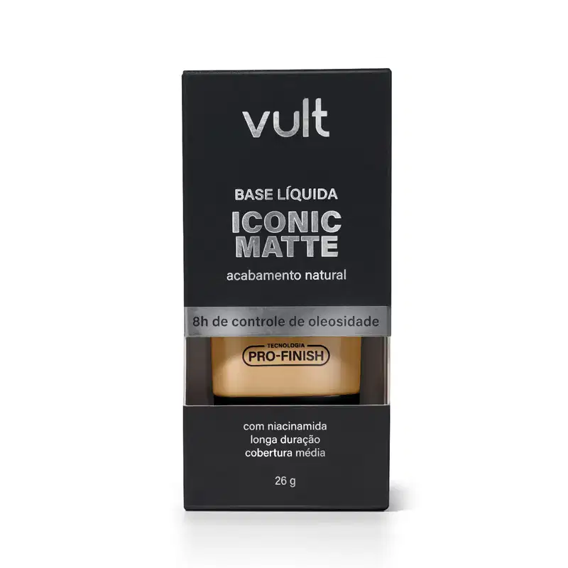 Caixa preta da marca Vult contendo base líquida Iconic Matte com acabamento natural e controle de oleosidade. Apresenta informações sobre a tecnologia Pro-Finish e ingredientes como niaci