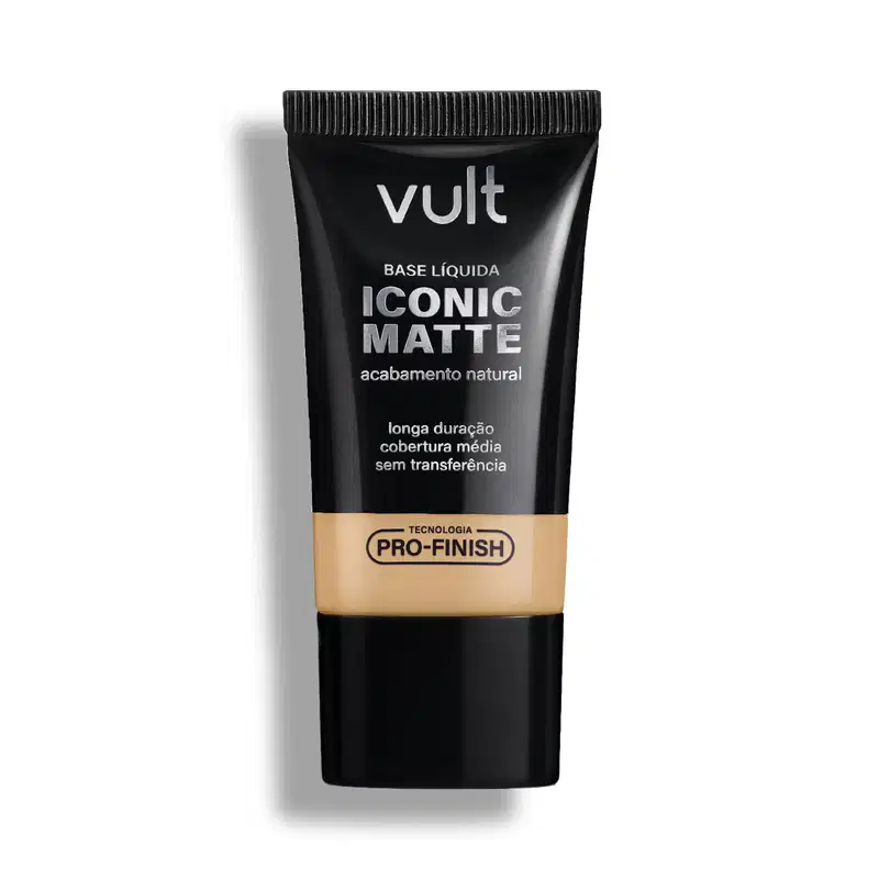 Tubo de base líquida Iconic Matte da marca Vult, com acabamento natural e longa duração. Embalagem preta com texto branco indicando a tecnologia Pro-Finish.
