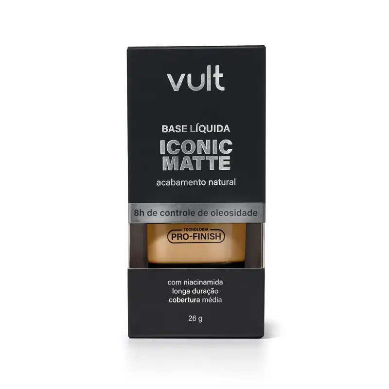 Caixa preta da marca Vult contendo base líquida de acabamento matte, com rótulo destacando "Iconic Matte" e informações sobre a tecnologia "Pro-Finish" e duração da cobertura.