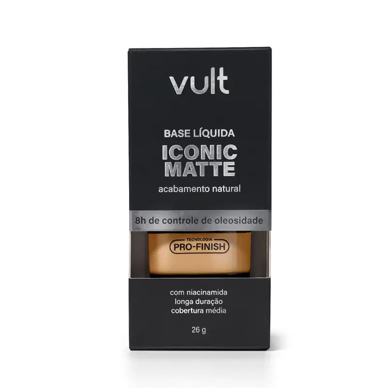 Caixa preta com logotipo Vult contendo base líquida de acabamento matte, com informações sobre tecnologia Pro-Finish, niacinamida e cobertura média, em embalagem de 26g.