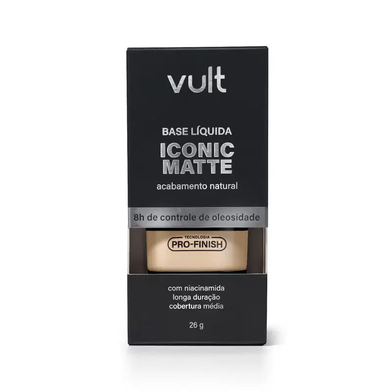 Caixa preta com logotipo Vult contendo base líquida Iconic Matte de acabamento natural, com tecnologia Pro-Finish e informações sobre o produto em destaque.