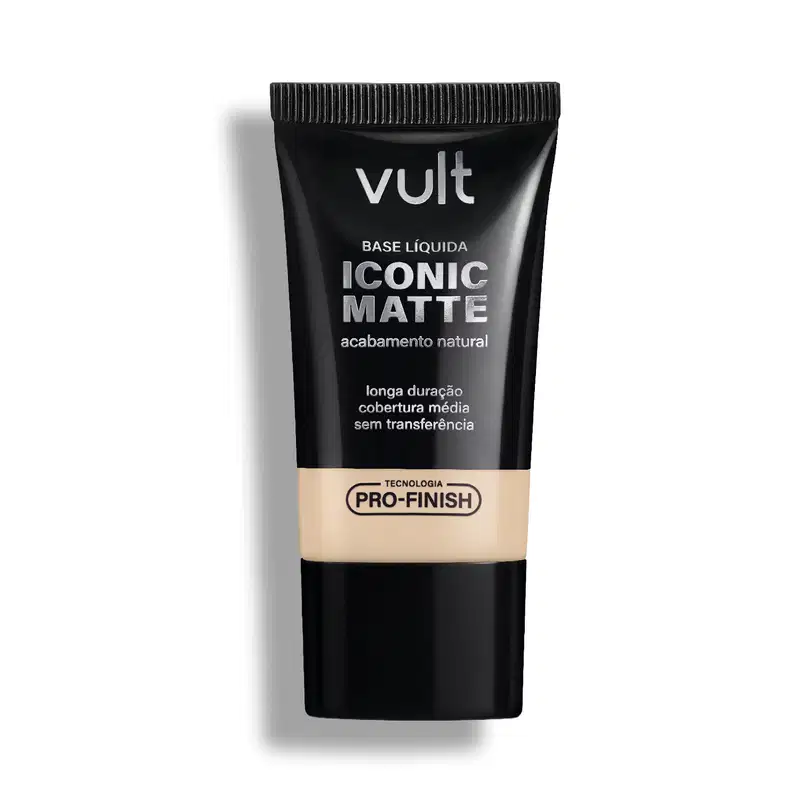 Tubo preto da marca Vult contendo base líquida Iconic Matte, com acabamento natural e longa duração. Apresenta tecnologia Pro-Finish para cobertura média sem transferência.