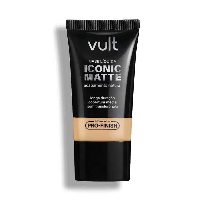 Tubo preto da marca Vult contendo base líquida Iconic Matte com acabamento natural, longa duração e cobertura média, sem transferência. Destaca a tecnologia Pro-Finish.
