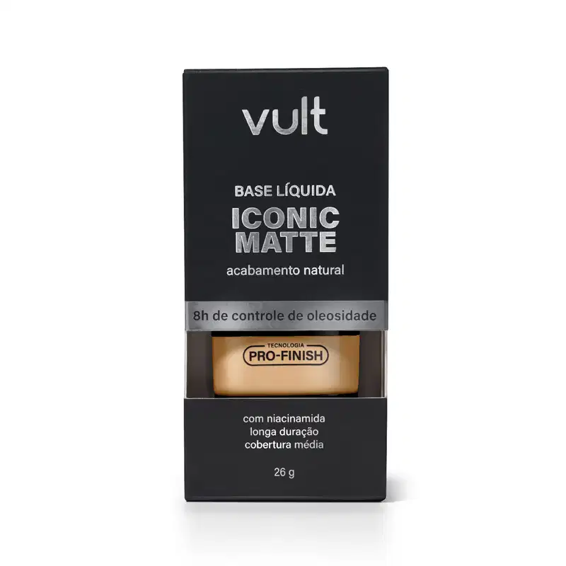 Caixa preta da marca Vult contendo base líquida Iconic Matte com acabamento natural e tecnologia Pro-Finish, com informações sobre duração e cobertura do produto.