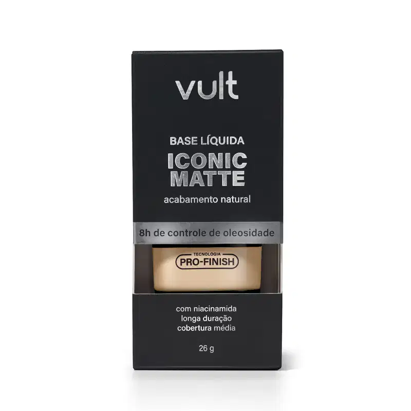 Caixa preta da marca Vult contendo base líquida Iconic Matte com acabamento natural, com informações sobre o produto e sua tecnologia Pro-Finish.