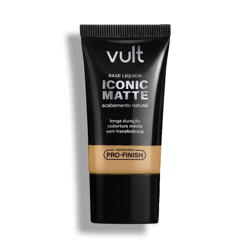 Tubo de base líquida Iconic Matte da marca Vult, com acabamento natural e longa duração. Embalagem preta com detalhes em dourado, destacando a tecnologia Pro-Finish.