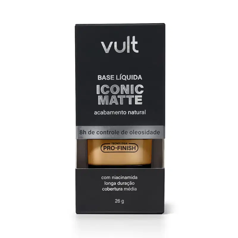 Caixa preta com logotipo Vult contendo base líquida de acabamento matte, com tecnologia Pro-Finish e niacinamida, com 26g de produto.